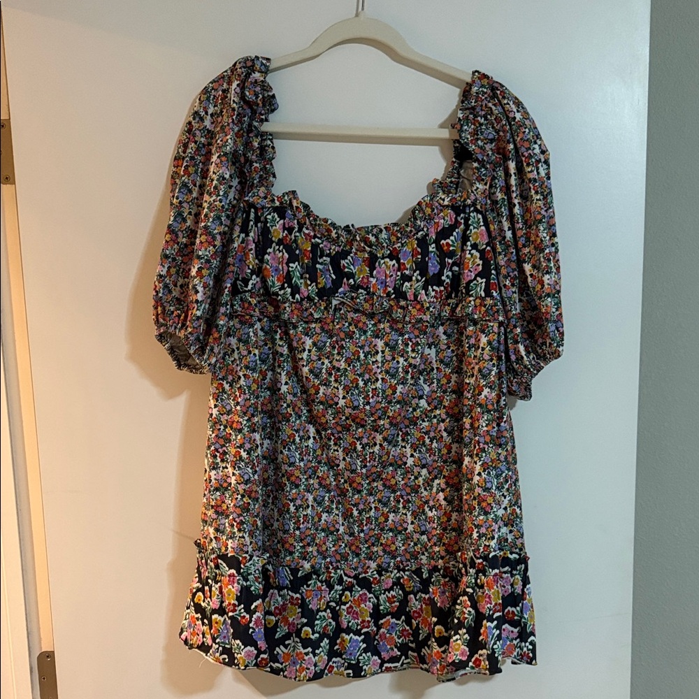 For Love and Lemons Black Floral Puff-Sleeve Square Neck Tunic - Multicolor